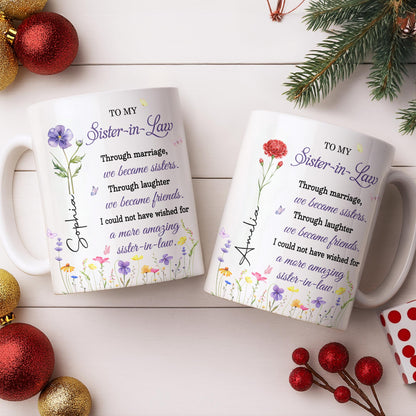 To My Sister In Law Through Marriage Purple Flower Butterflies - Personalized Custom Coffee Mug - SIS084_MG