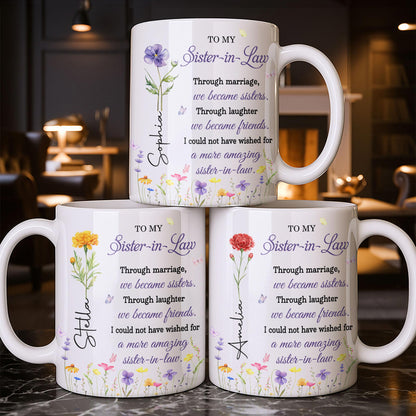 To My Sister In Law Through Marriage Purple Flower Butterflies - Personalized Custom Coffee Mug - SIS084_MG
