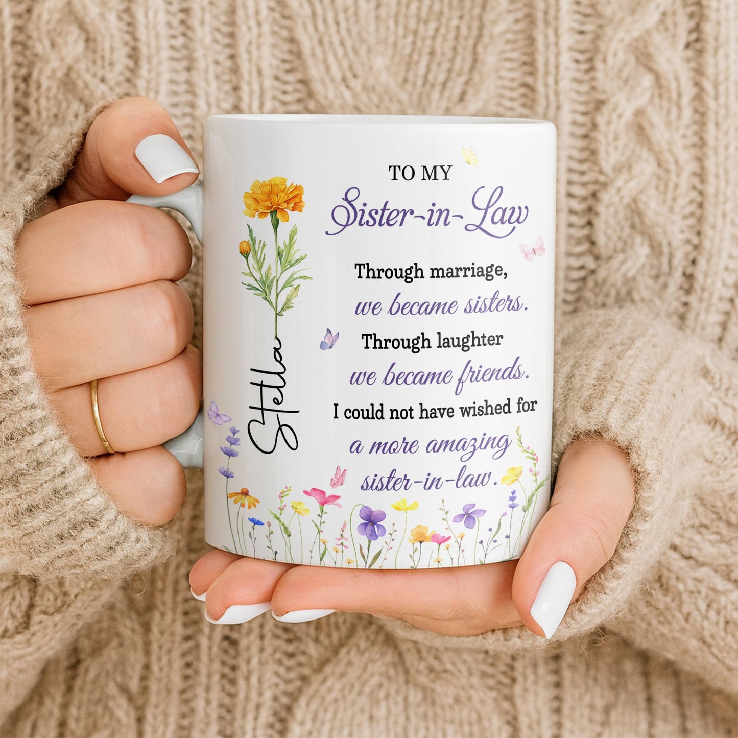 To My Sister In Law Through Marriage Purple Flower Butterflies - Personalized Custom Coffee Mug - SIS084_MG