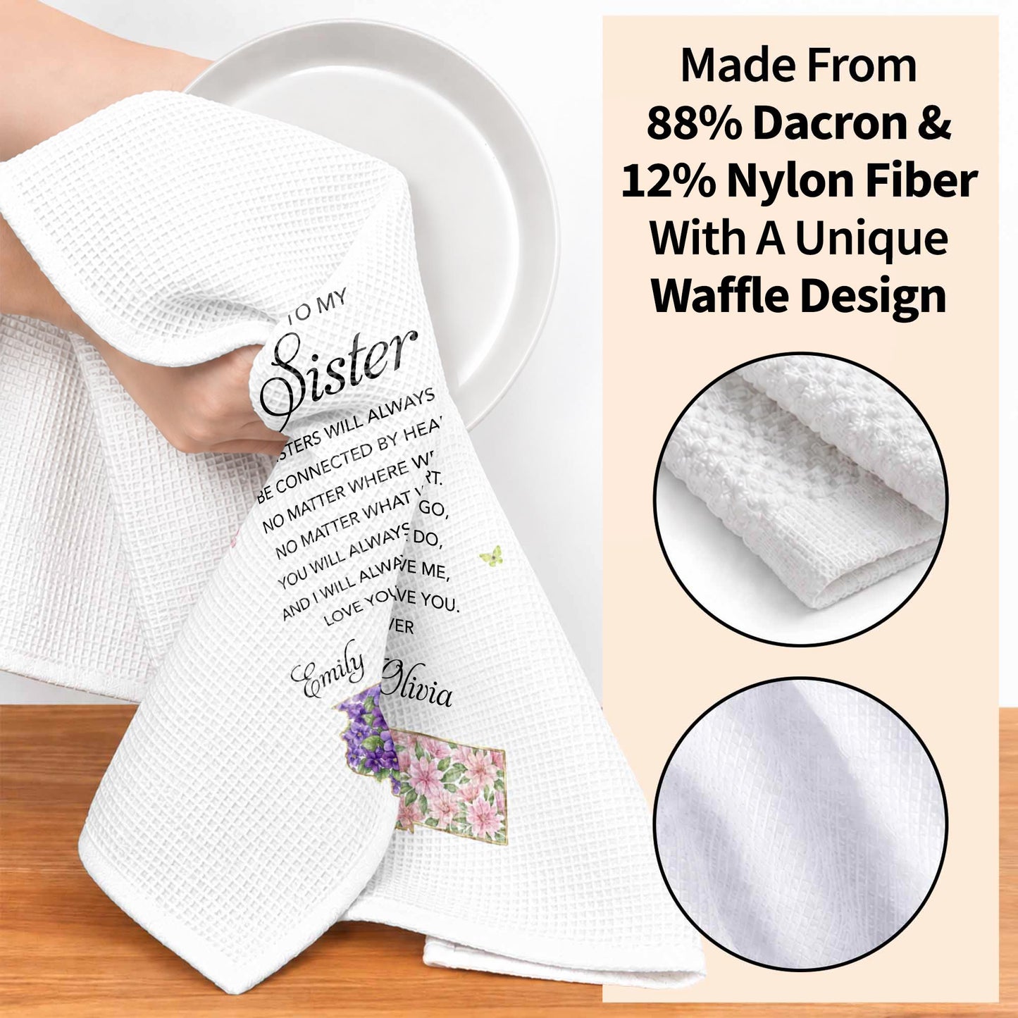 To My Sister Connected By Heart State Flowers Butterflies - Personalized Kitchen Towel - SIS106_TOWL