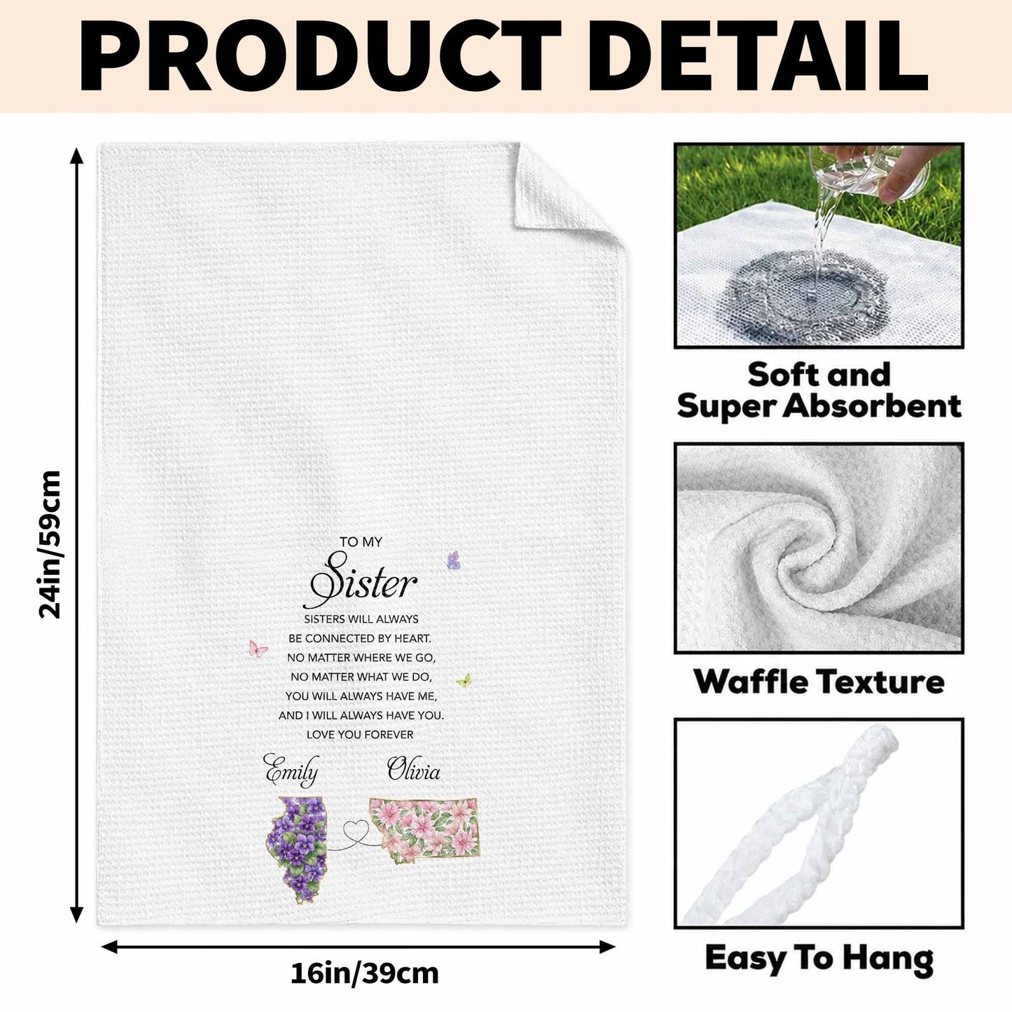 To My Sister Connected By Heart State Flowers Butterflies - Personalized Kitchen Towel - SIS106_TOWL