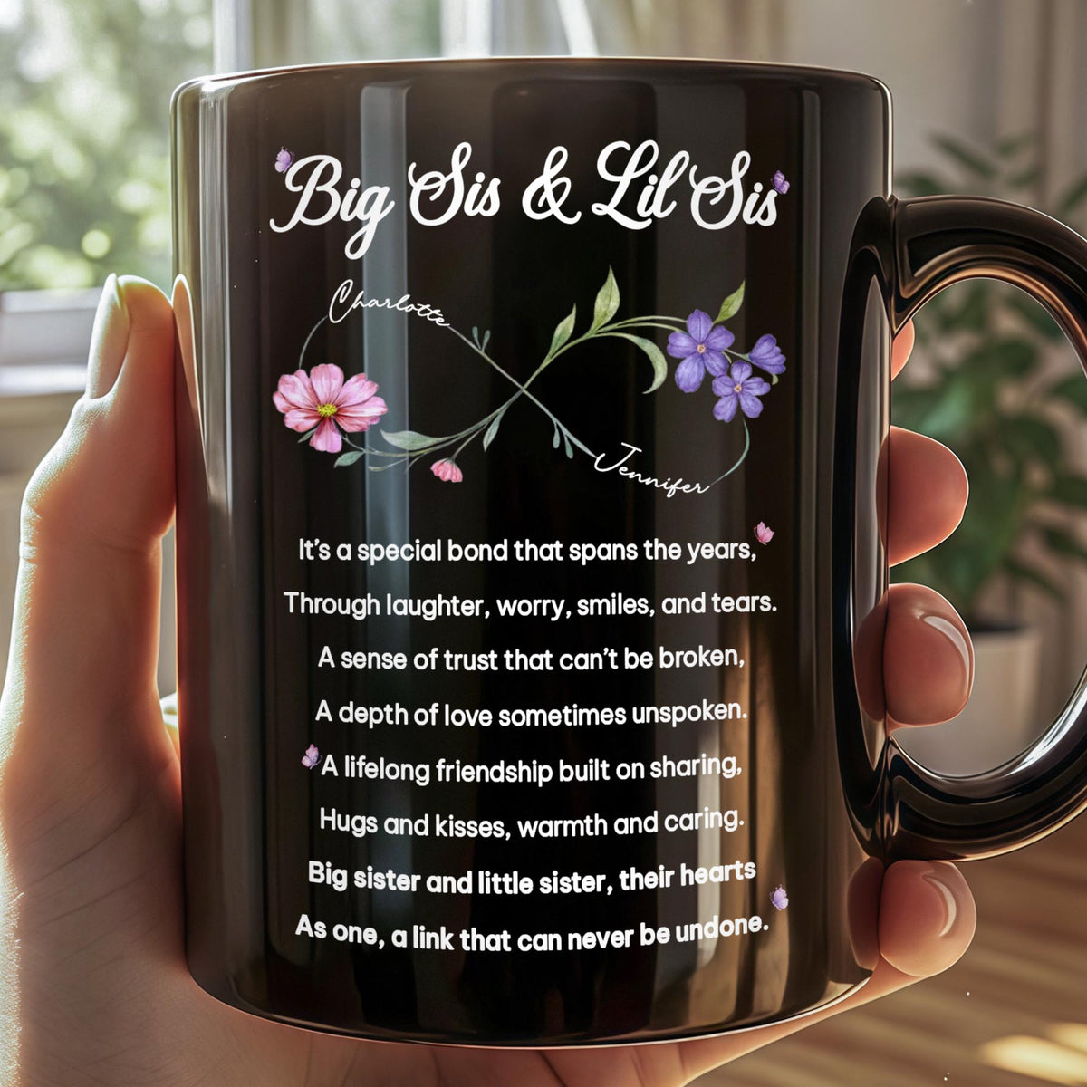 Big Sis and Lil Sis Bond Infinity Birth Month Flowers - Personalized Custom Black Mug - SIS112_BMUG