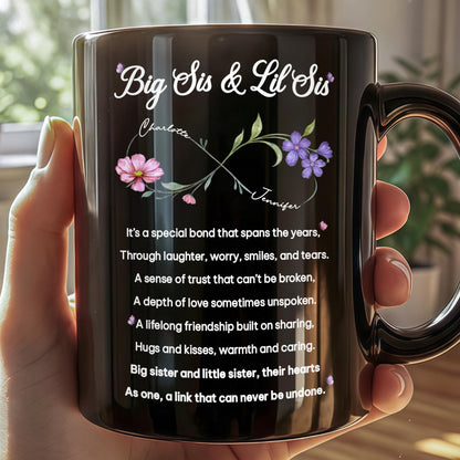 Big Sis and Lil Sis Bond Infinity Birth Month Flowers - Personalized Custom Black Mug - SIS112_BMUG