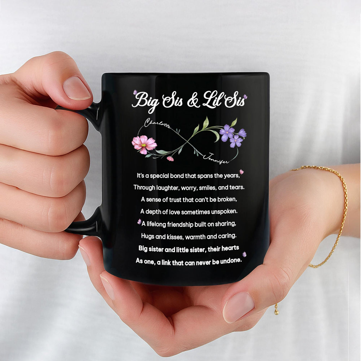 Big Sis and Lil Sis Bond Infinity Birth Month Flowers - Personalized Custom Black Mug - SIS112_BMUG