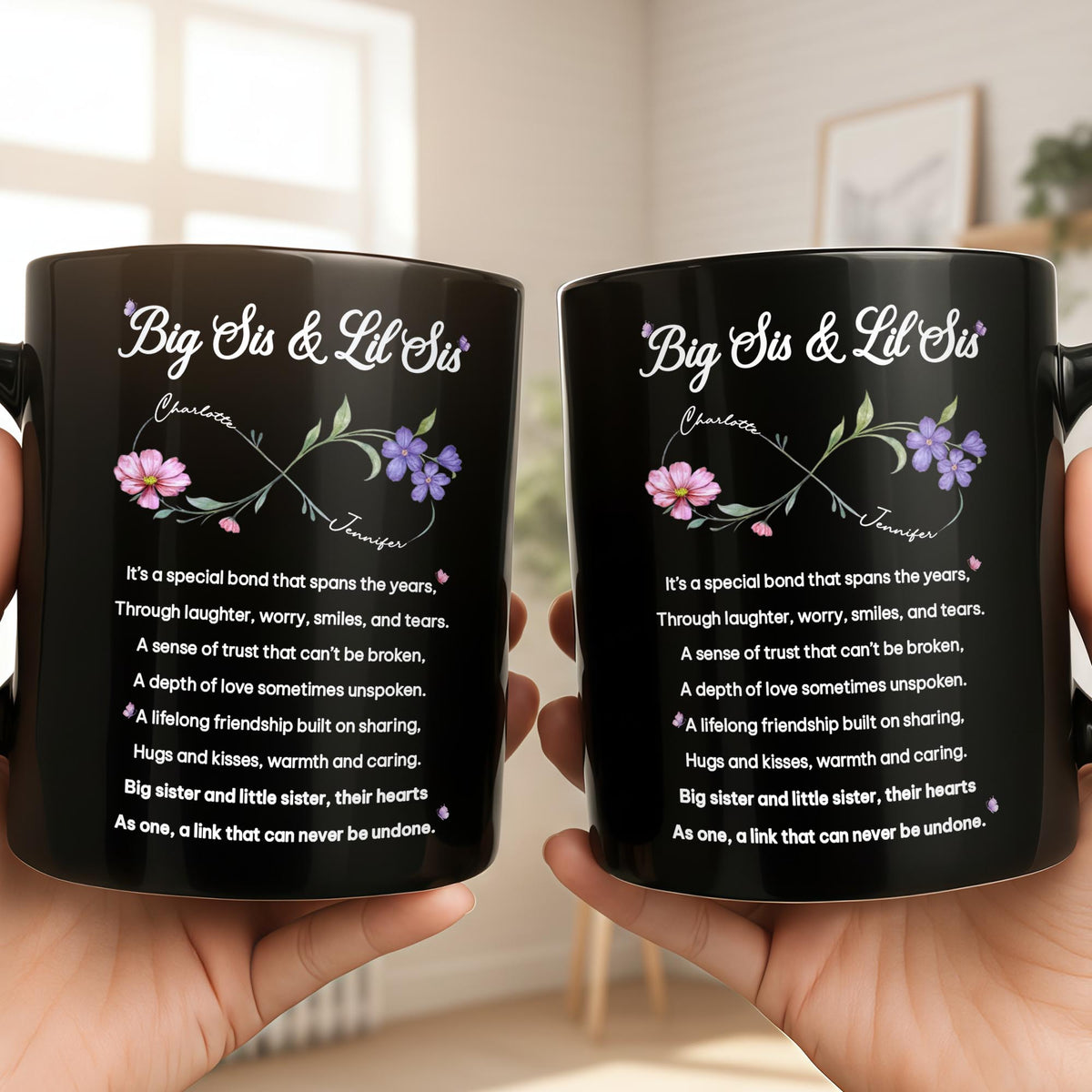 Big Sis and Lil Sis Bond Infinity Birth Month Flowers - Personalized Custom Black Mug - SIS112_BMUG