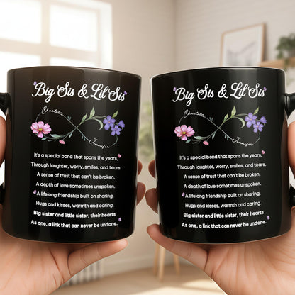 Big Sis and Lil Sis Bond Infinity Birth Month Flowers - Personalized Custom Black Mug - SIS112_BMUG