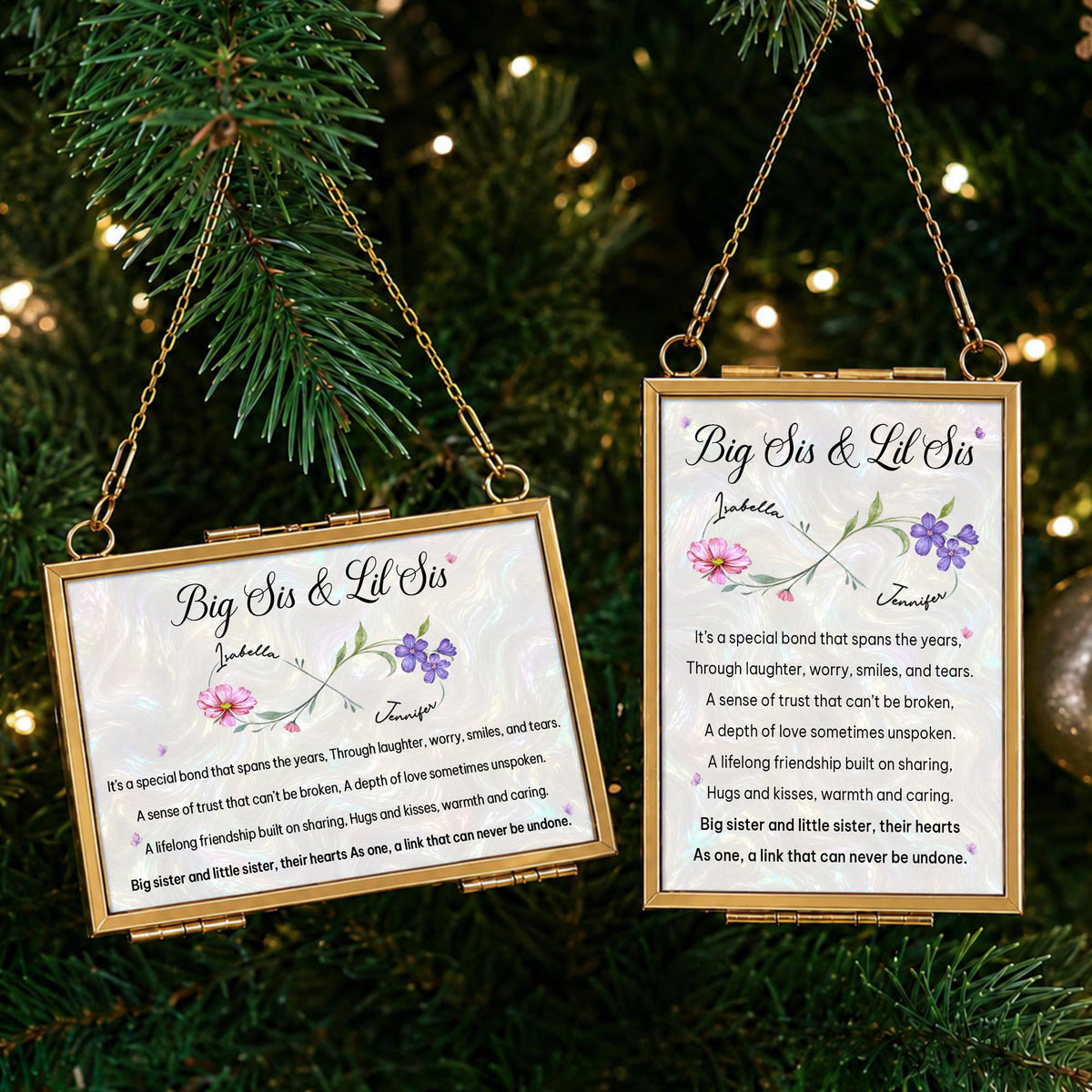 Big Sis And Lil Sis Special Bond Birth Month Flowers - Personalized Metal Frame Ornament - SIS112_GOFRO