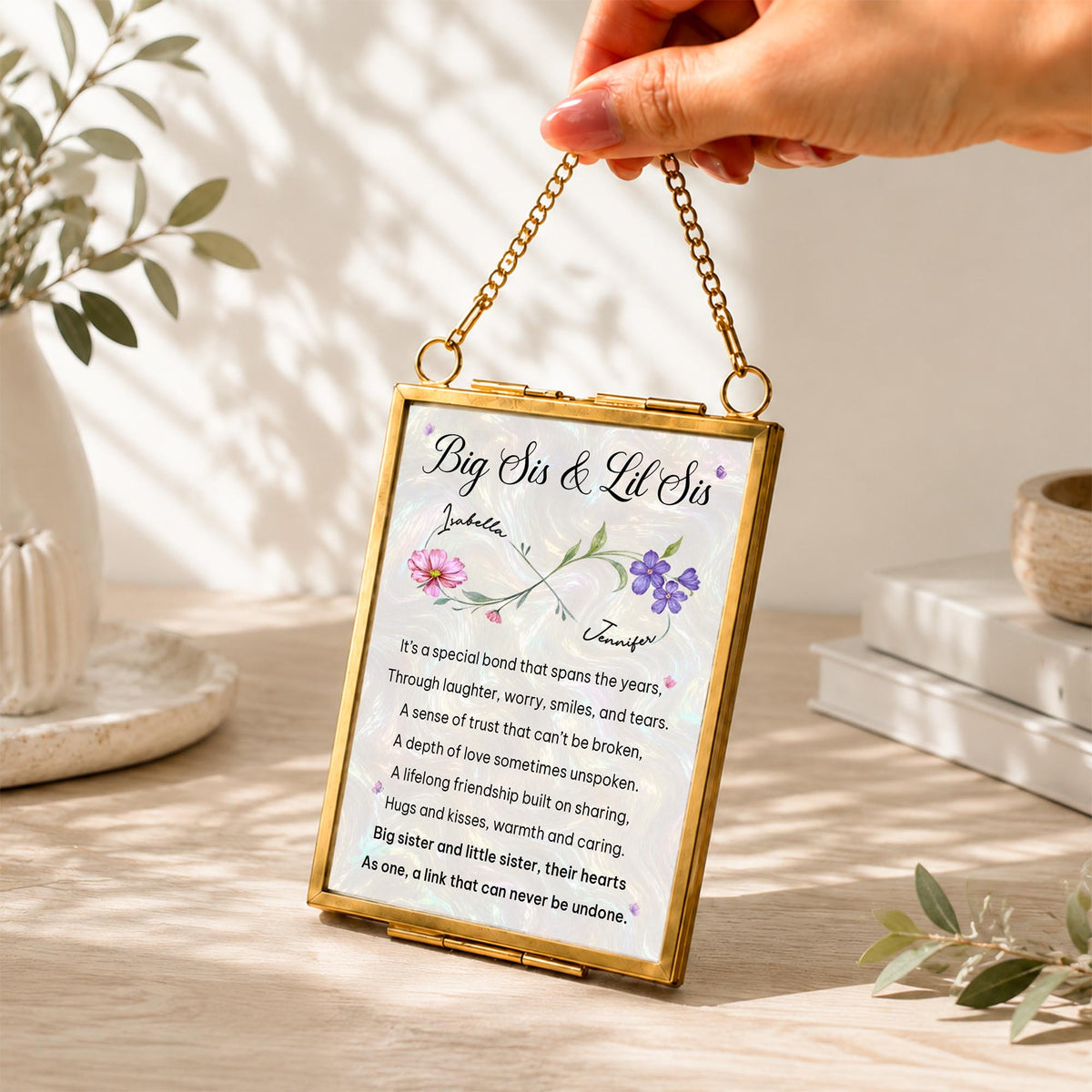 Big Sis And Lil Sis Special Bond Birth Month Flowers - Personalized Metal Frame Ornament - SIS112_GOFRO