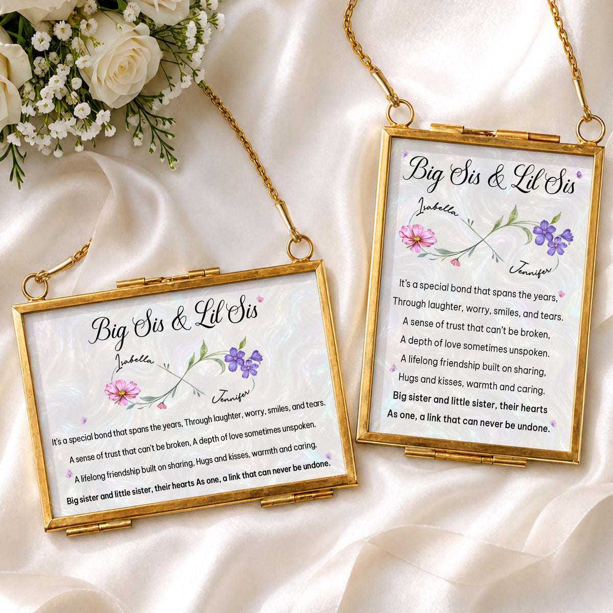 Big Sis And Lil Sis Special Bond Birth Month Flowers - Personalized Metal Frame Ornament - SIS112_GOFRO