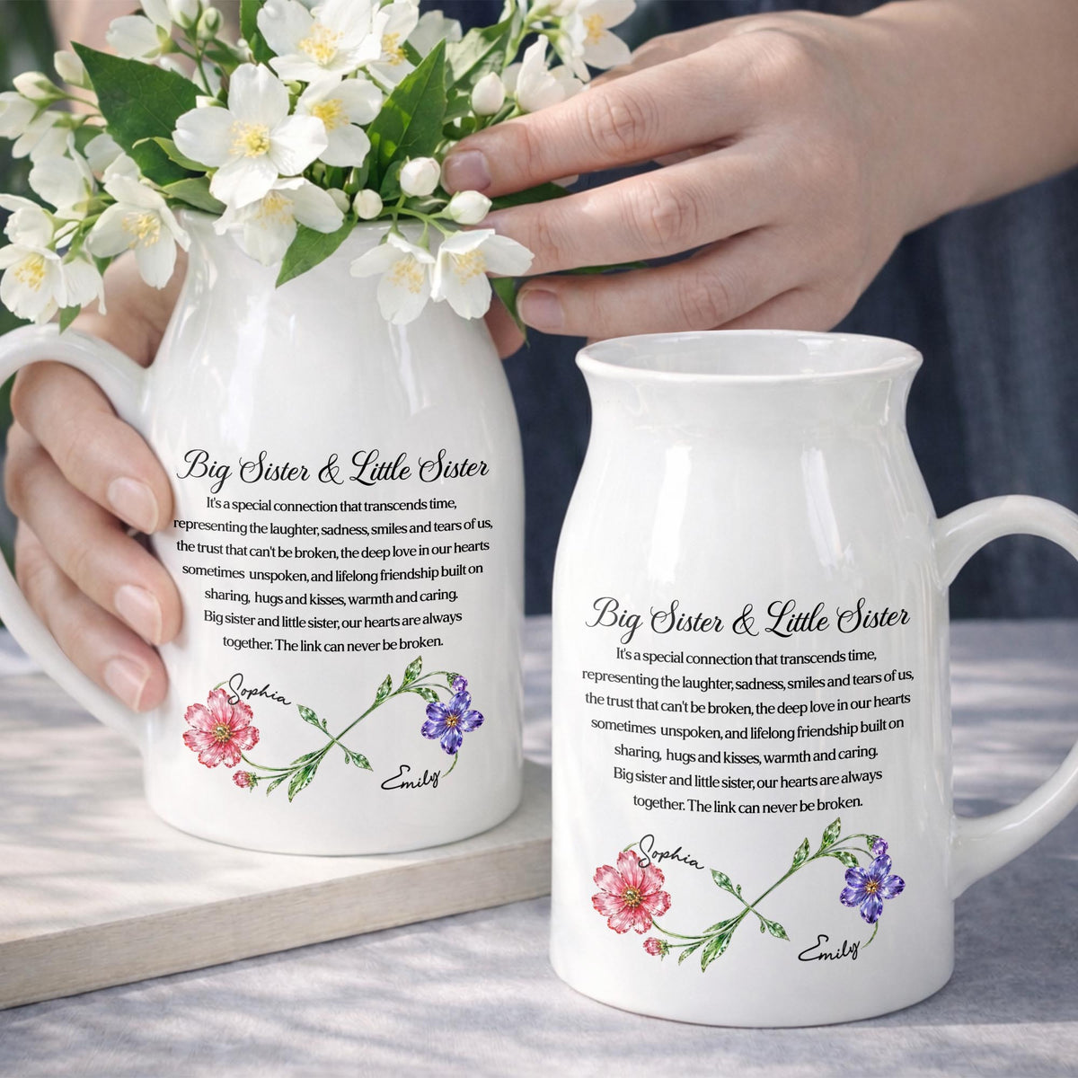 Big Sister & Little Sister Special Connection Birth Month Flowers - Personalized Ceramic Flower Vase - SIS215_CEV