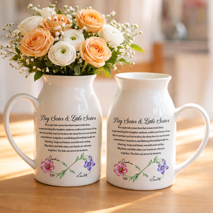 Big Sister & Little Sister Special Connection Birth Month Flowers - Personalized Ceramic Flower Vase - SIS215_CEV