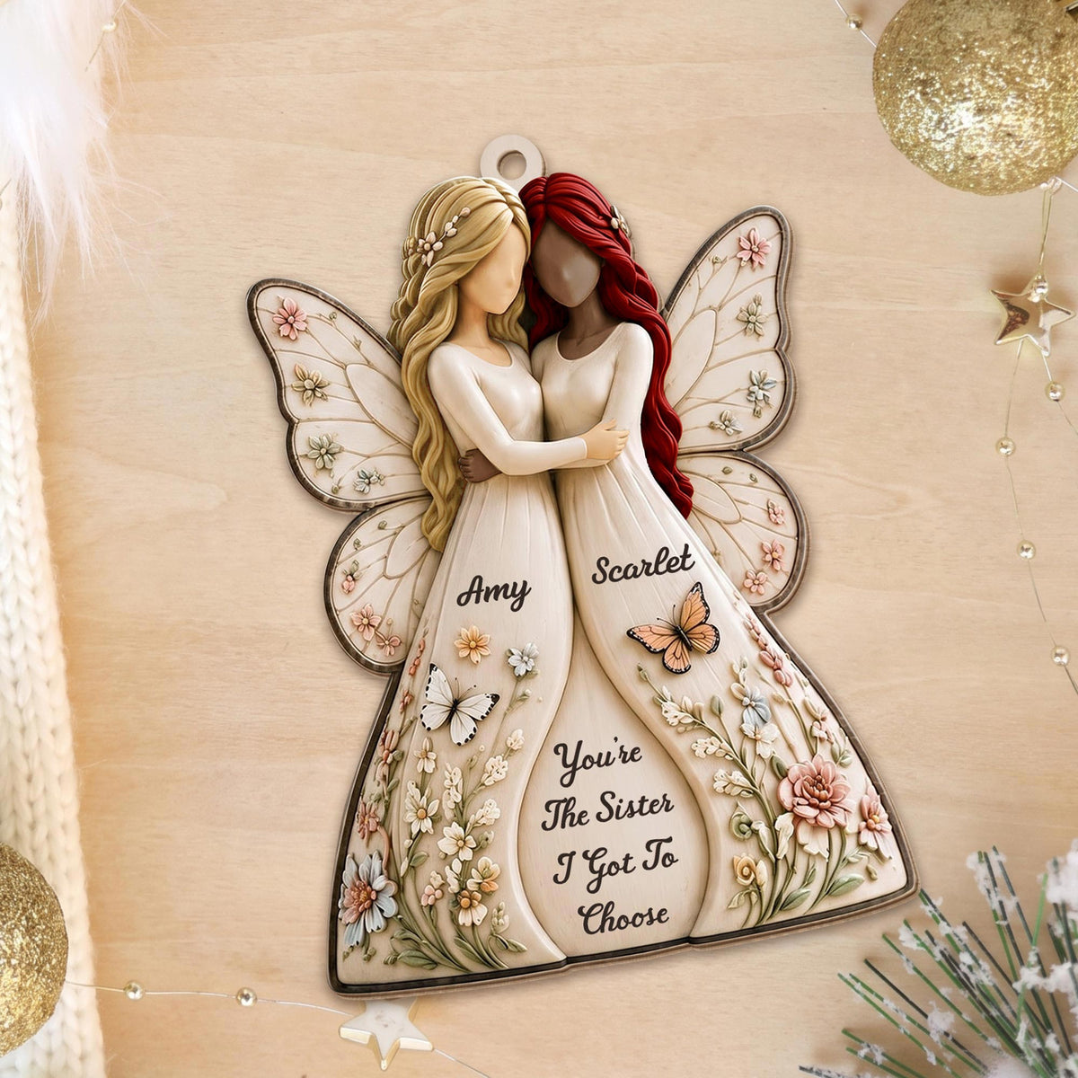 You're The Sister I Got To Choose Angels And Flowers - Personalized Custom Wood Ornament, Custom Shaped - SIS235_WDO