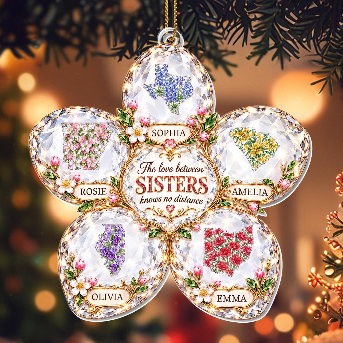 The Love Between Sisters Knows No Distance Floral State Maps - Personalized Custom Acrylic Ornament, Christmas Gift - SIS246_ACO