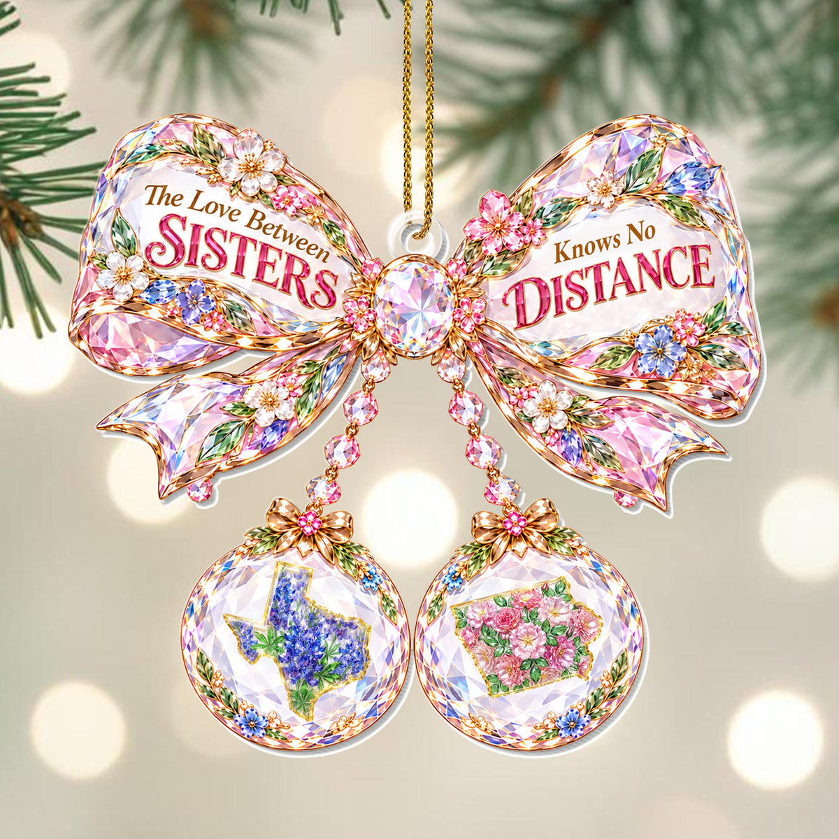 The Love Between Sisters Knows No Distance Crystal Bow With States - Personalized Custom Acrylic Ornament, Christmas Gift - SIS253_ACO