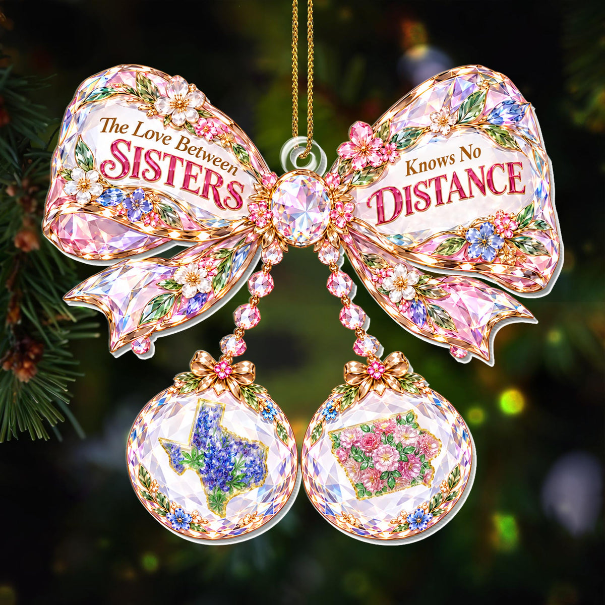 The Love Between Sisters Knows No Distance Crystal Bow With States - Personalized Custom Acrylic Ornament, Christmas Gift - SIS253_ACO