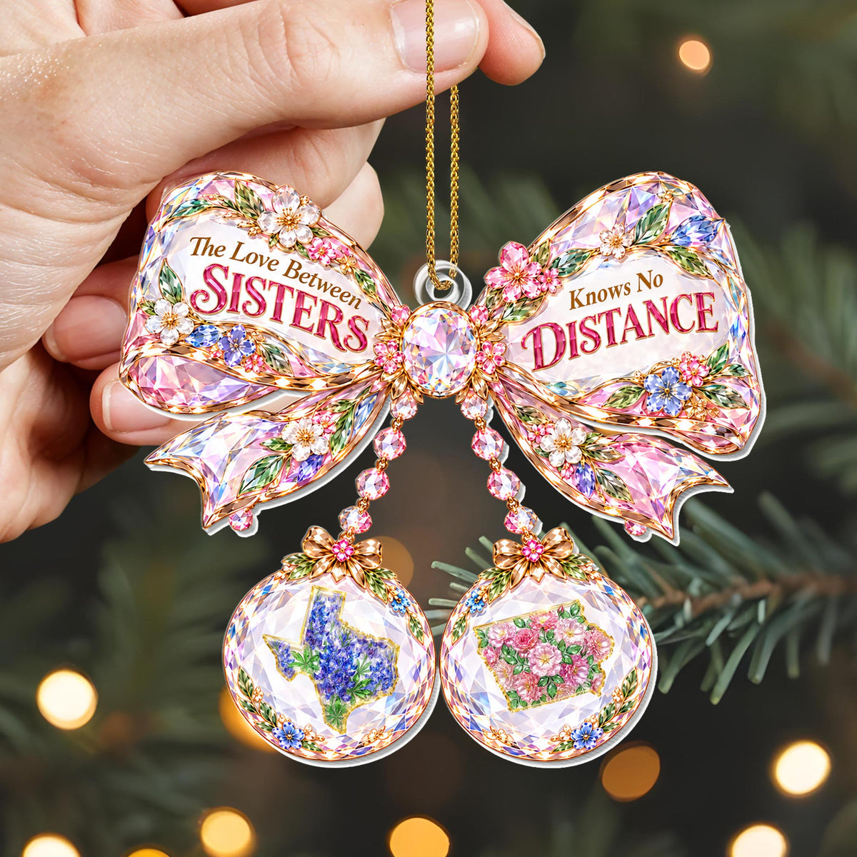 The Love Between Sisters Knows No Distance Crystal Bow With States - Personalized Custom Acrylic Ornament, Christmas Gift - SIS253_ACO