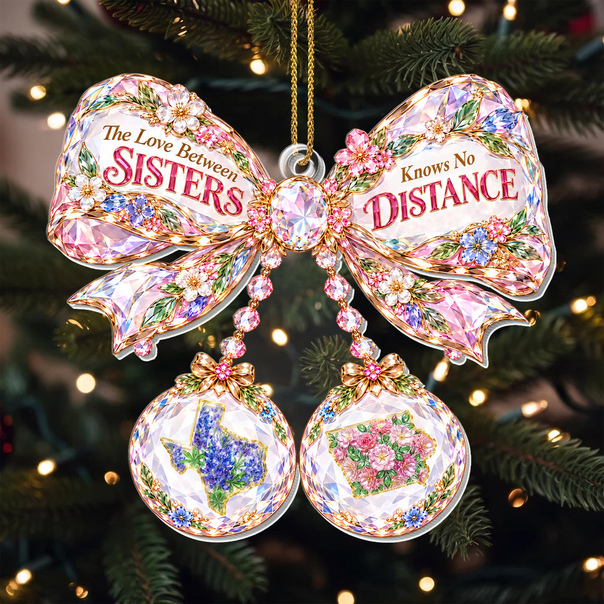 The Love Between Sisters Knows No Distance Crystal Bow With States - Personalized Custom Acrylic Ornament, Christmas Gift - SIS253_ACO