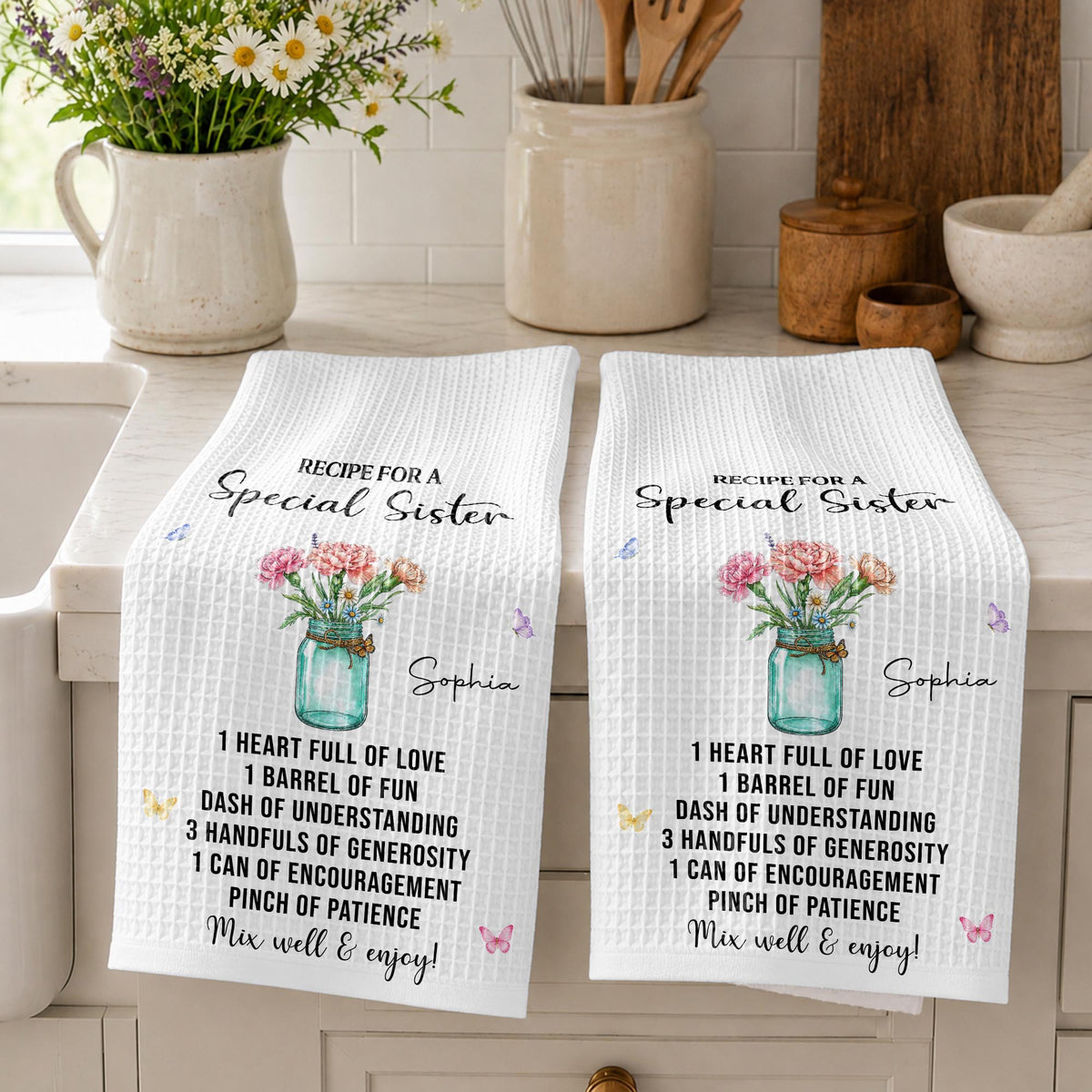 Recipe For A Special Sister With Birth Month Flowers In Mason Jar - Personalized Kitchen Towel - SIS259_TOWL