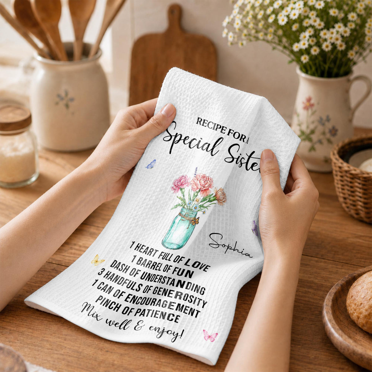 Recipe For A Special Sister With Birth Month Flowers In Mason Jar - Personalized Kitchen Towel - SIS259_TOWL