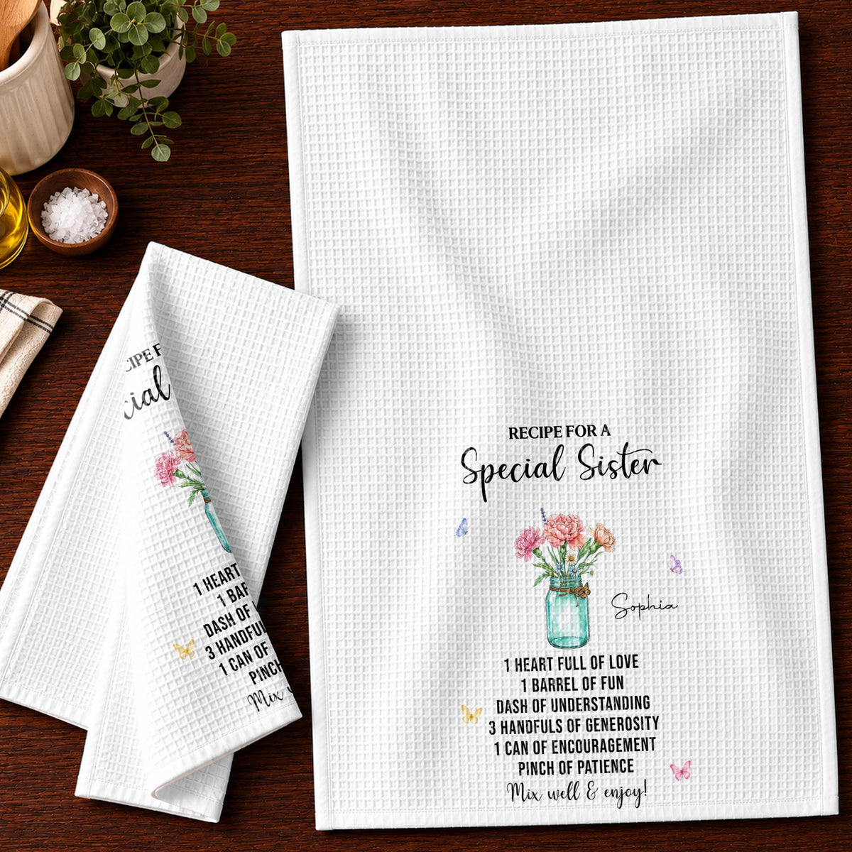Recipe For A Special Sister With Birth Month Flowers In Mason Jar - Personalized Kitchen Towel - SIS259_TOWL