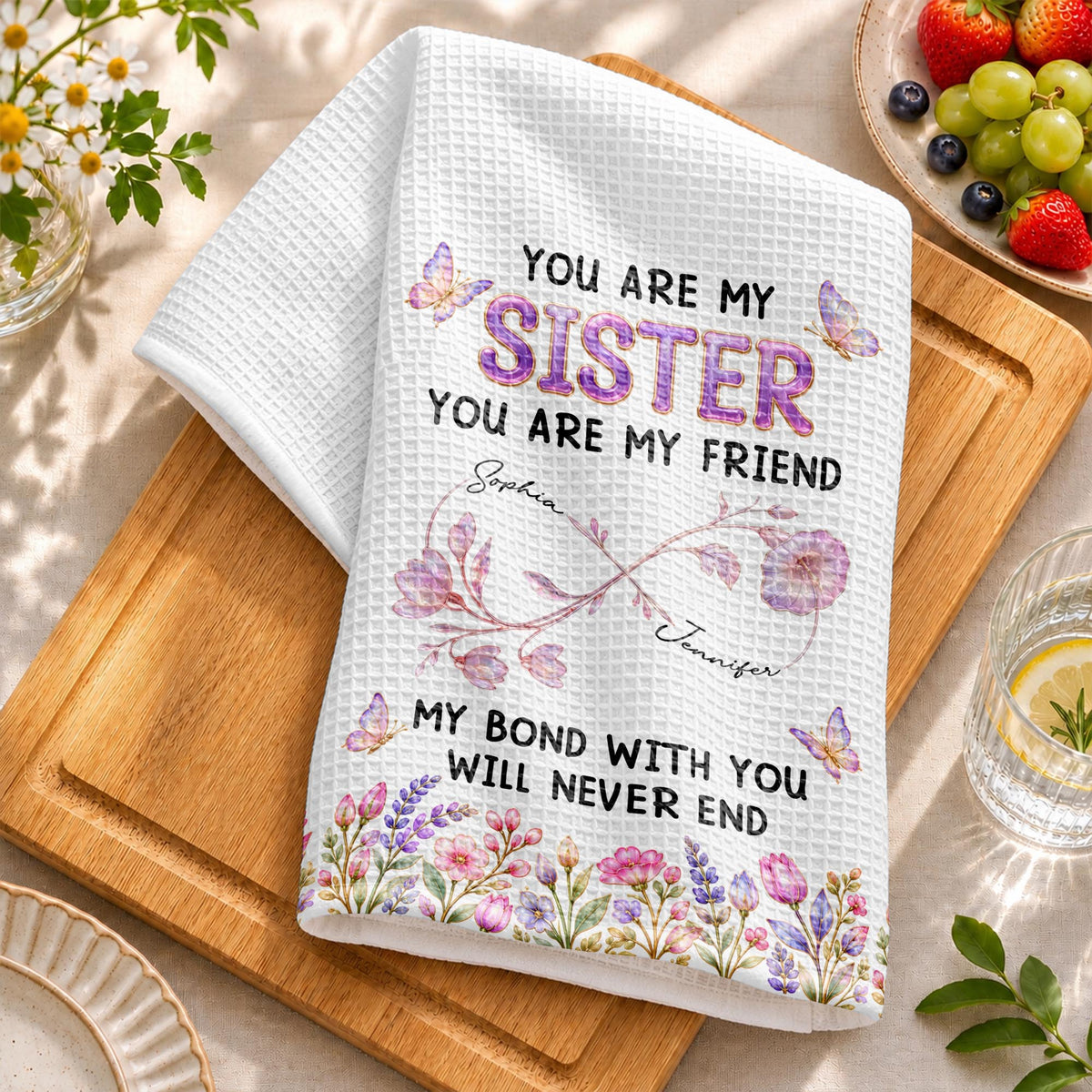 You Are My Sister My Bond With You Will Never End Flowers - Personalized Kitchen Towel - SIS280_TOWL