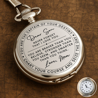 Dear Son Never Forget I Love You Captain Of Your Destiny - Personalized Silver Plated Pocket Watch - SON132_SWATCH