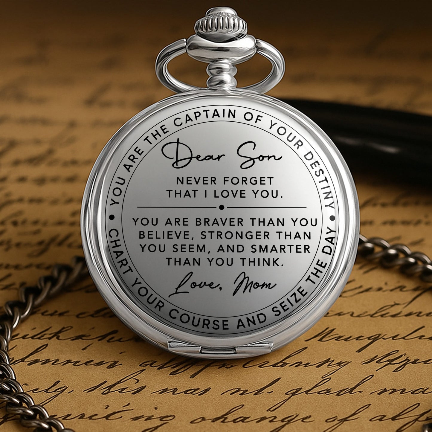 Dear Son Never Forget I Love You Captain Of Your Destiny - Personalized Silver Plated Pocket Watch - SON132_SWATCH