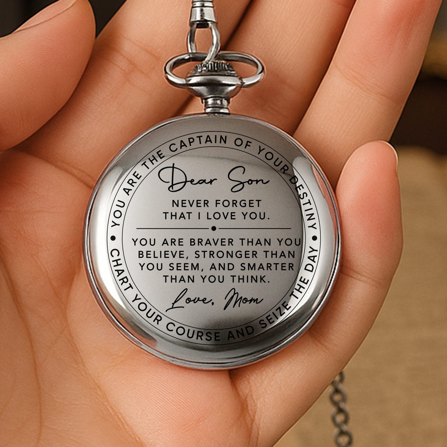 Dear Son Never Forget I Love You Captain Of Your Destiny - Personalized Silver Plated Pocket Watch - SON132_SWATCH