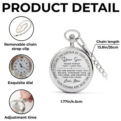 Dear Son Never Forget I Love You Captain Of Your Destiny - Personalized Silver Plated Pocket Watch - SON132_SWATCH