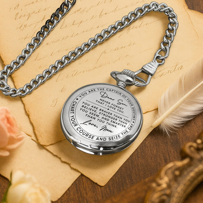 Dear Son Never Forget I Love You Captain Of Your Destiny - Personalized Silver Plated Pocket Watch - SON132_SWATCH