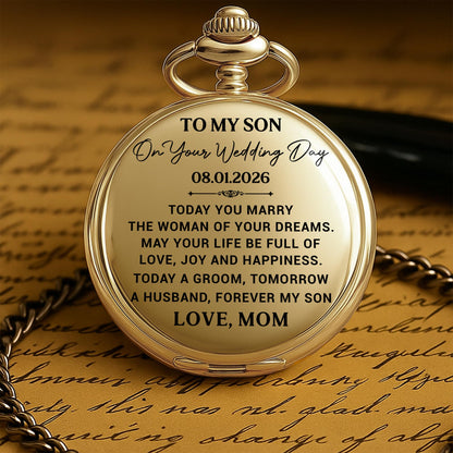 To My Son On Your Wedding Day Gold Pocket Watch Gift - Personalized Custom Pocket Watch - SON152_GWATCH