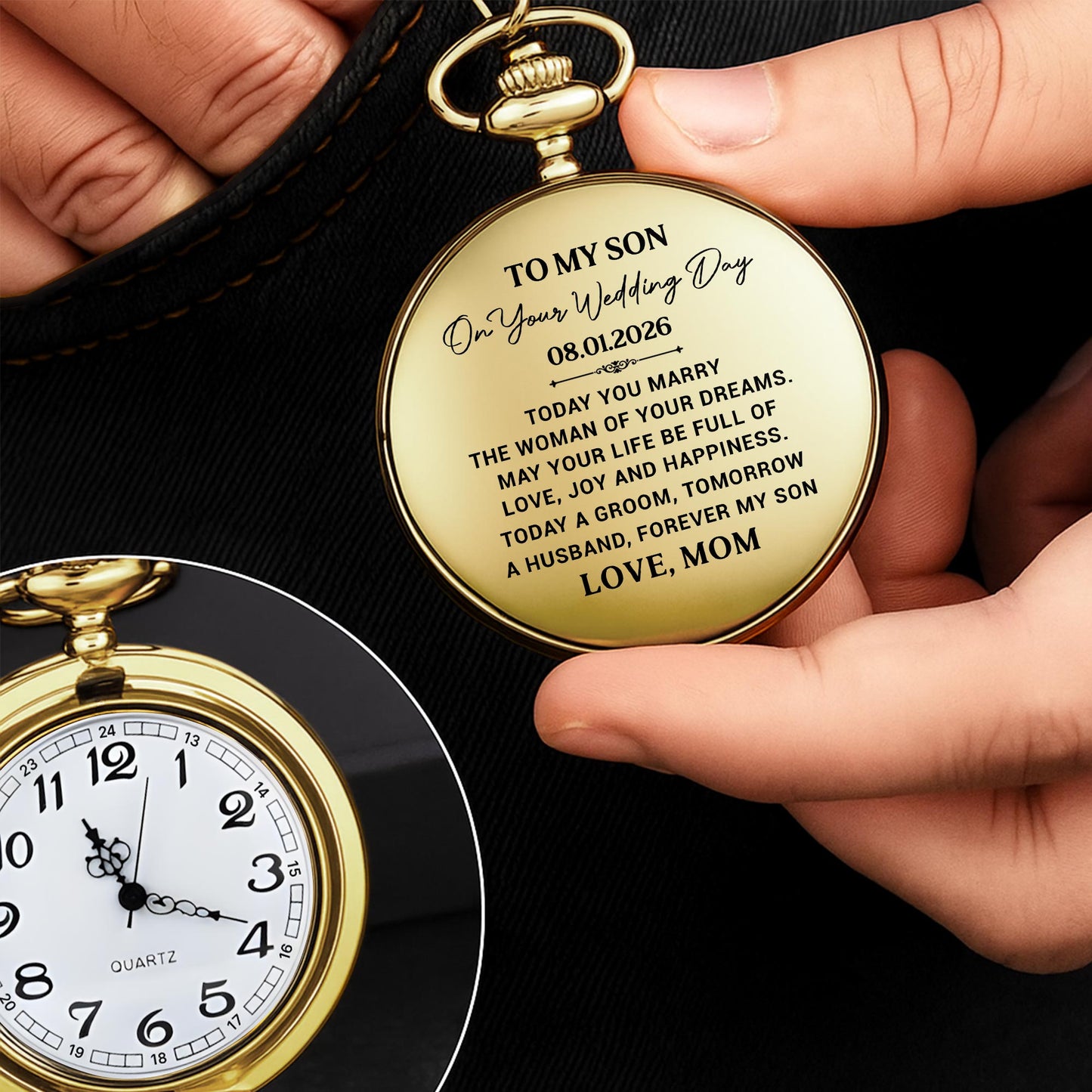 To My Son On Your Wedding Day Gold Pocket Watch Gift - Personalized Custom Pocket Watch - SON152_GWATCH