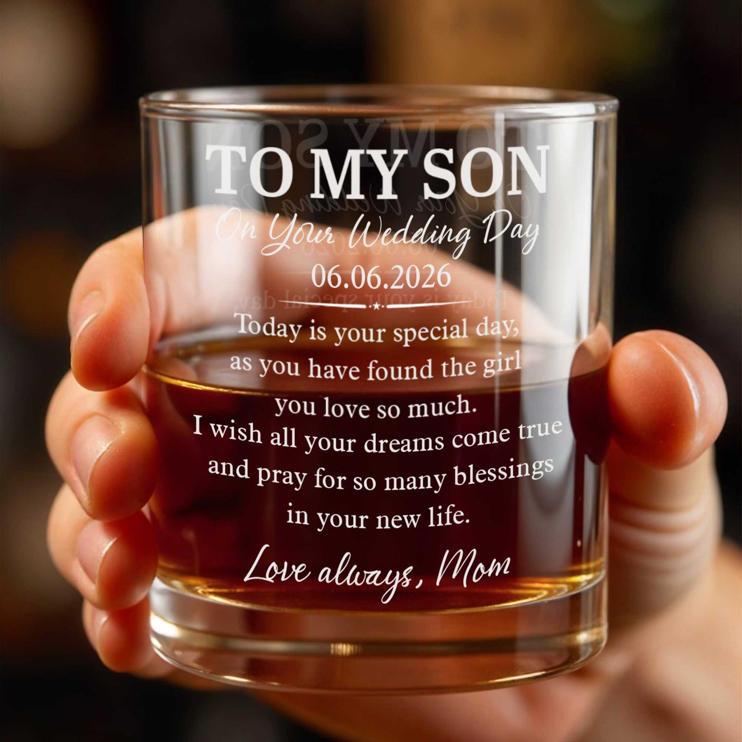 To My Son On Your Wedding Day Elegant Script Typography - Personalized Custom Whiskey Glass - SON196_RWG