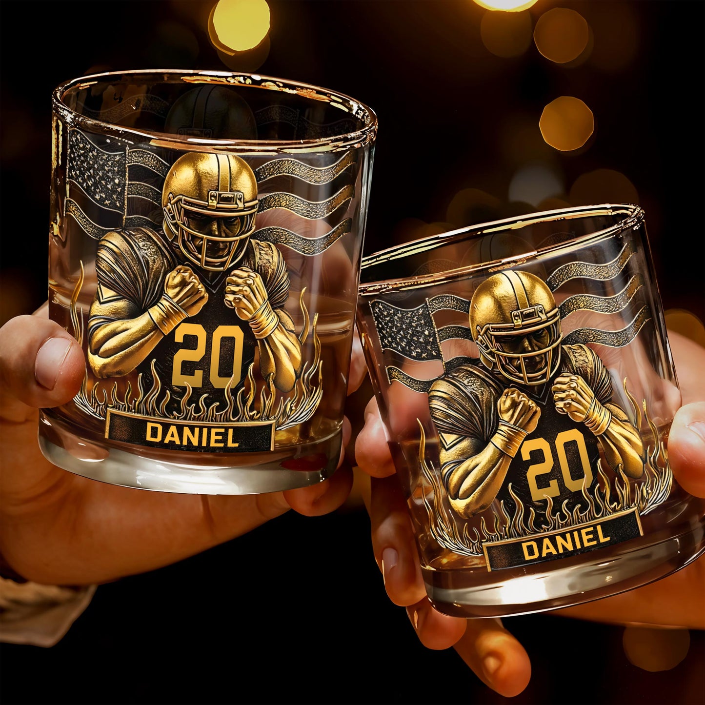 Celebrate Favorite Moments With Football Player And American Flag Design