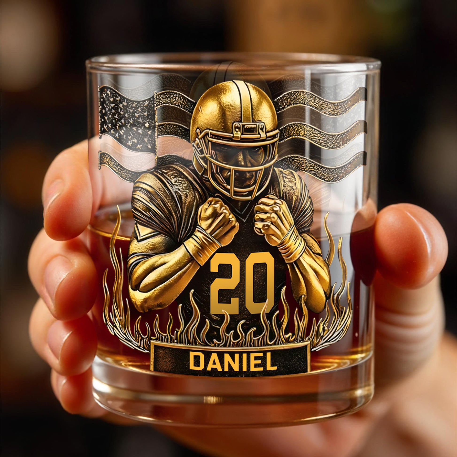 Celebrate Favorite Moments With Football Player And American Flag Design