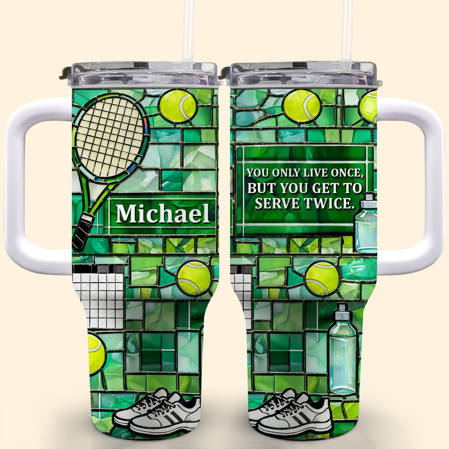 Stained Glass Tennis Racket And Balls Design