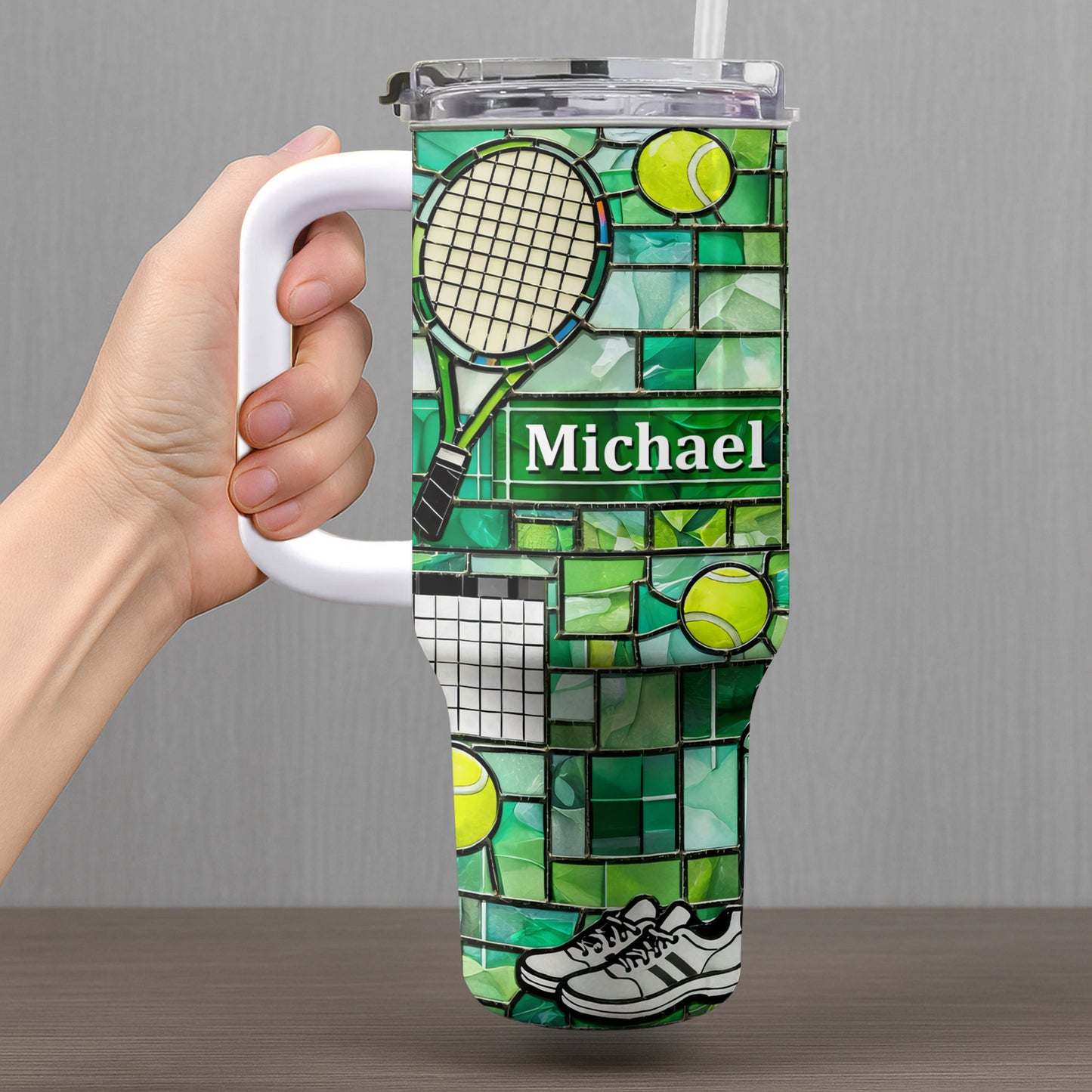 Stained Glass Tennis Racket And Balls Design