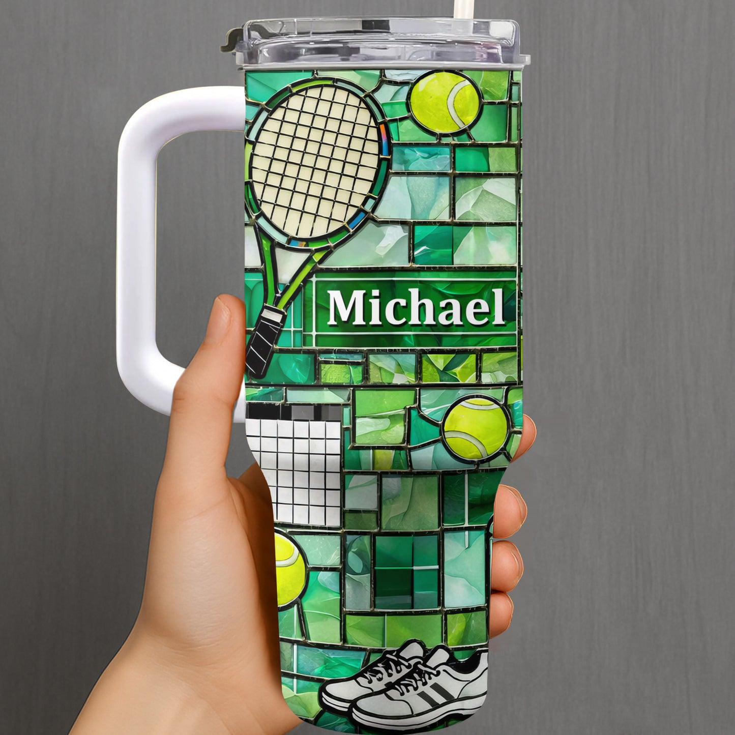 Stained Glass Tennis Racket And Balls Design