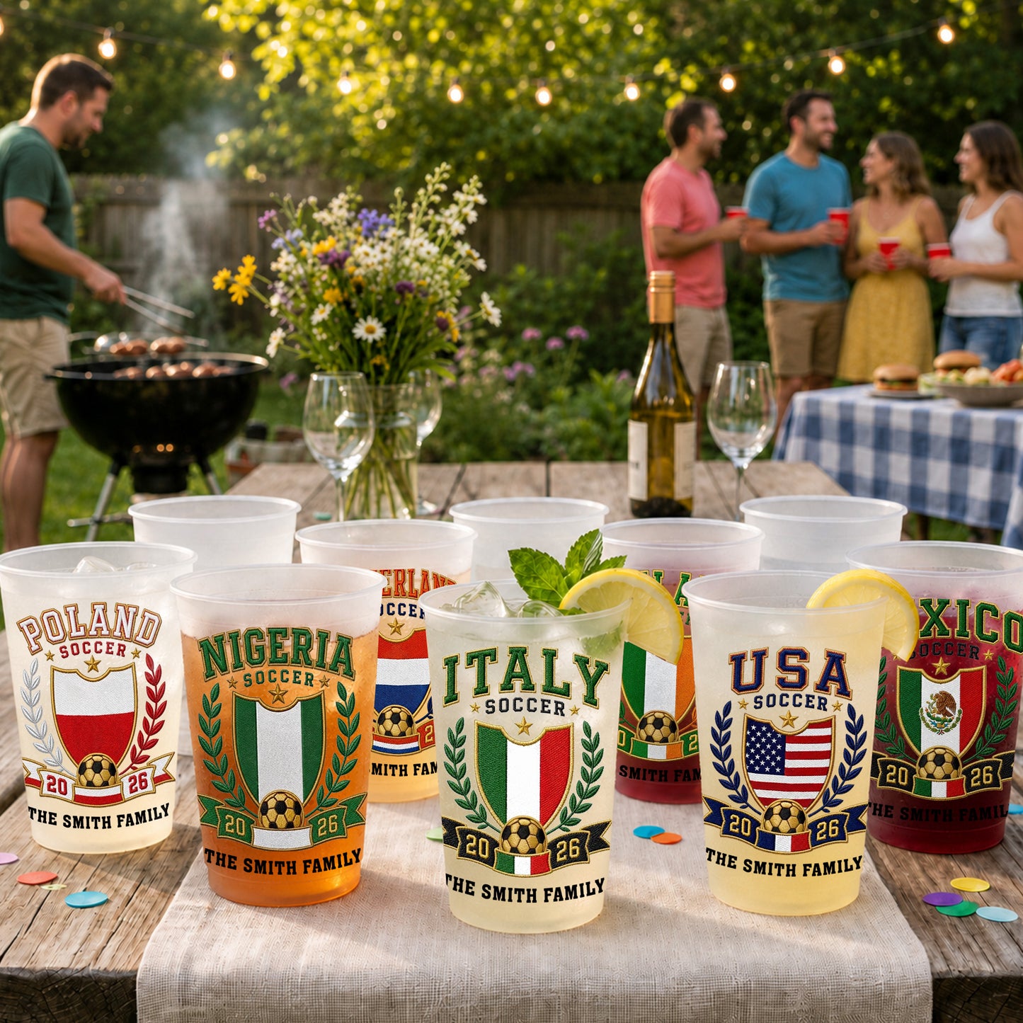 Soccer The Family National Team Crest With Soccer Ball And Laurel Wreath - Personalized Frosted Cups - SPORT121_FCUP