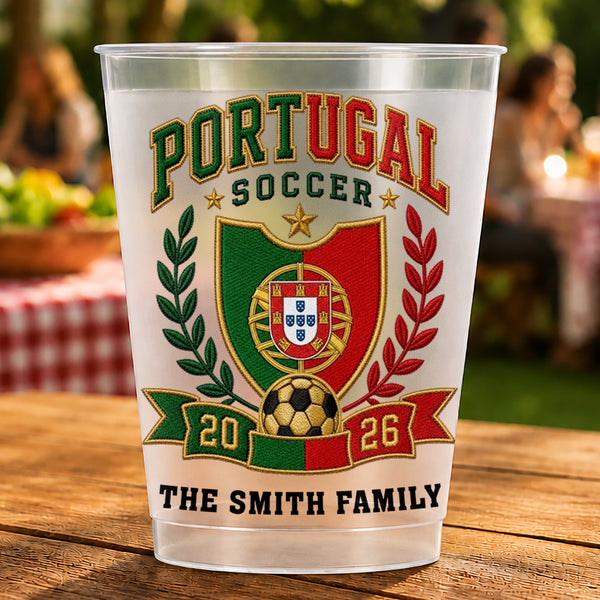 Soccer The Family National Team Crest With Soccer Ball And Laurel Wreath - Personalized Frosted Cups - SPORT121_FCUP