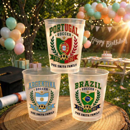 Soccer The Family National Team Crest With Soccer Ball And Laurel Wreath - Personalized Frosted Cups - SPORT121_FCUP