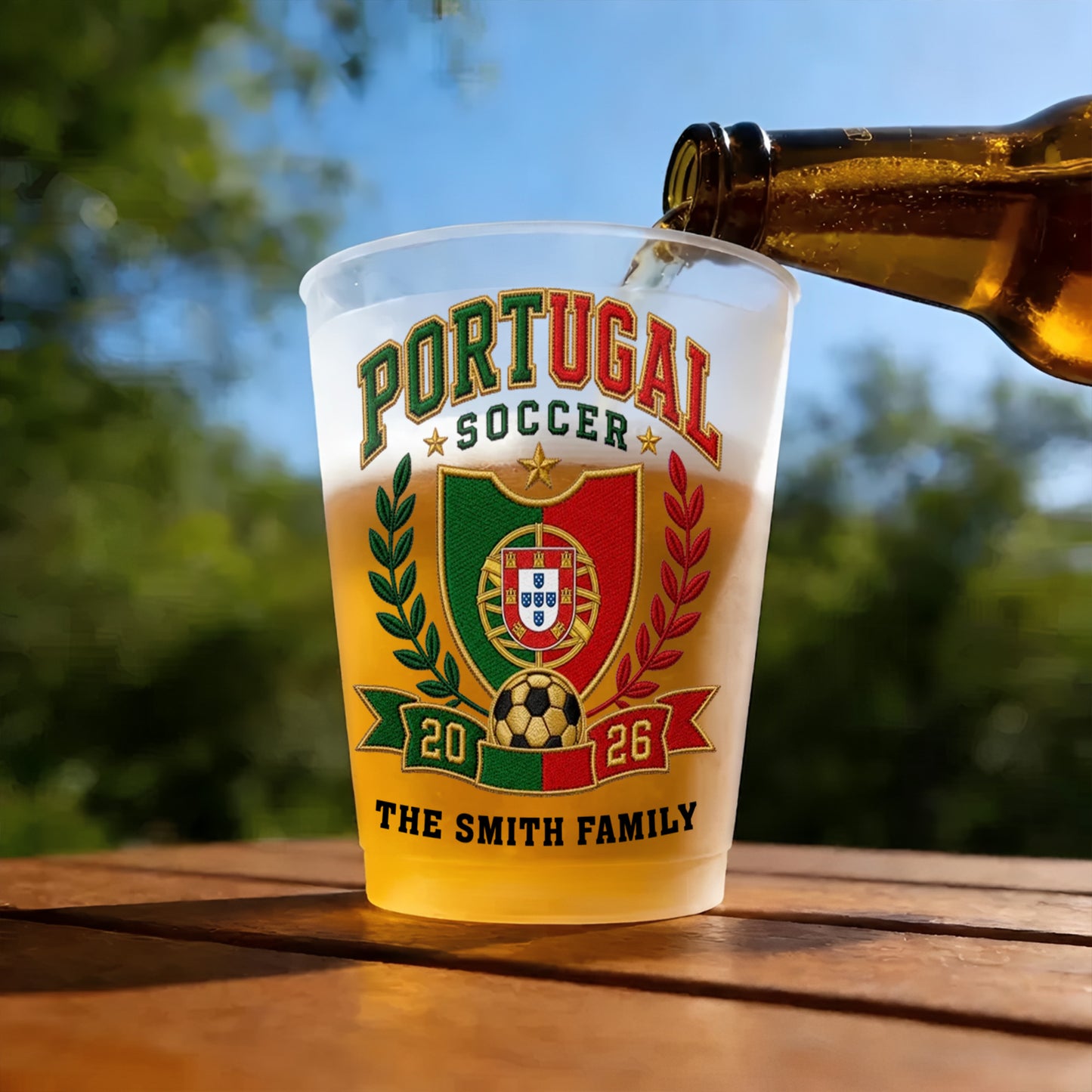 Soccer The Family National Team Crest With Soccer Ball And Laurel Wreath - Personalized Frosted Cups - SPORT121_FCUP