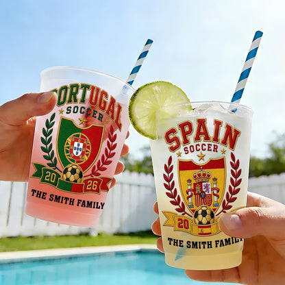 Soccer The Family National Team Crest With Soccer Ball And Laurel Wreath - Personalized Frosted Cups - SPORT121_FCUP