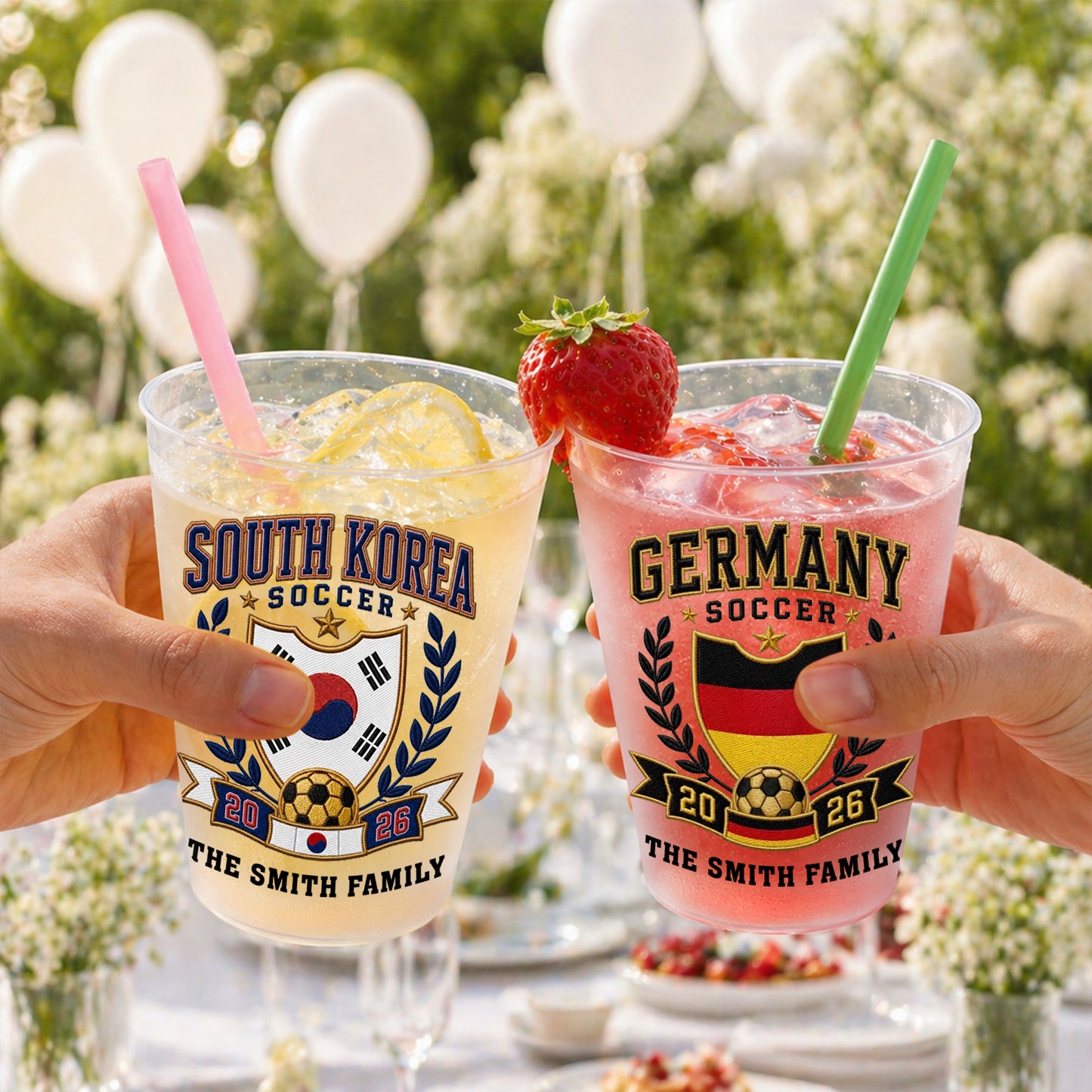 Soccer The Family National Team Crest With Soccer Ball And Laurel Wreath - Personalized Frosted Cups - SPORT121_FCUP