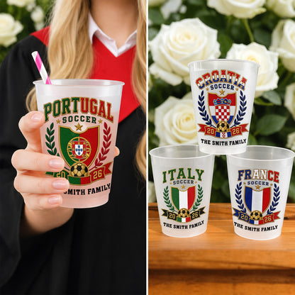 Soccer The Family National Team Crest With Soccer Ball And Laurel Wreath - Personalized Frosted Cups - SPORT121_FCUP