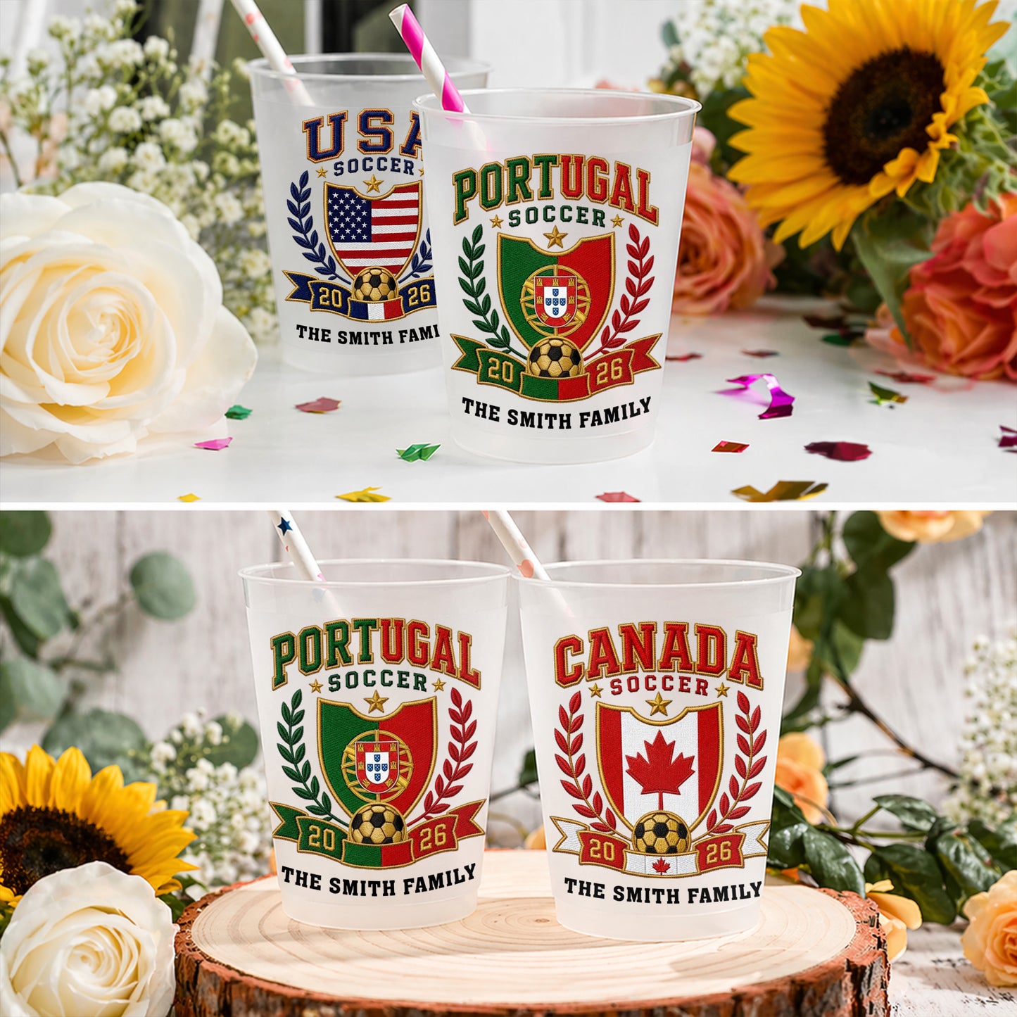 Soccer The Family National Team Crest With Soccer Ball And Laurel Wreath - Personalized Frosted Cups - SPORT121_FCUP