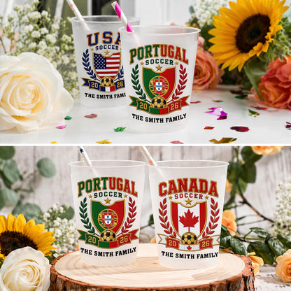 Soccer The Family National Team Crest With Soccer Ball And Laurel Wreath - Personalized Frosted Cups - SPORT121_FCUP