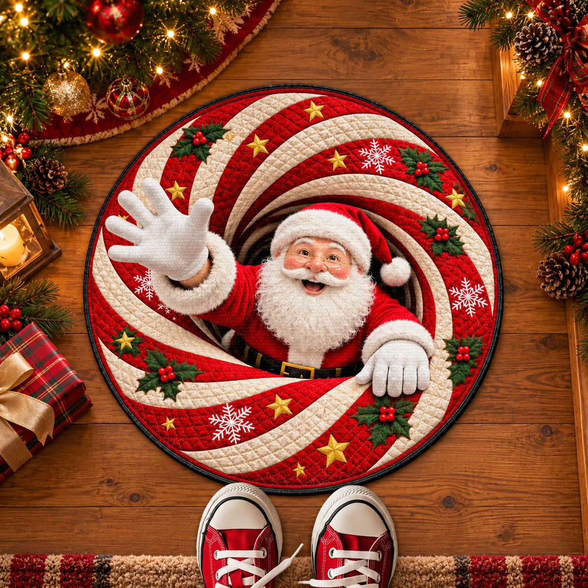 Santa Claus Coming Out Of Festive Chimney With Snowflakes And Stars - Personalized Custom Shaped Doormat - XMAS379_CUDOR