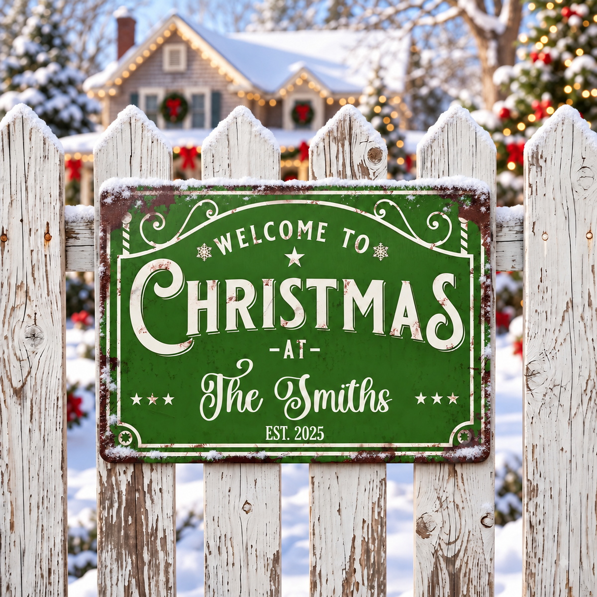 Welcome To Christmas At Our Family Est With Stars And Snowflakes - Personalized Metal Sign - FAM072_USMSIGN