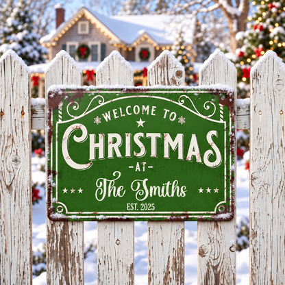 Welcome To Christmas At Our Family Est With Stars And Snowflakes - Personalized Metal Sign - FAM072_USMSIGN
